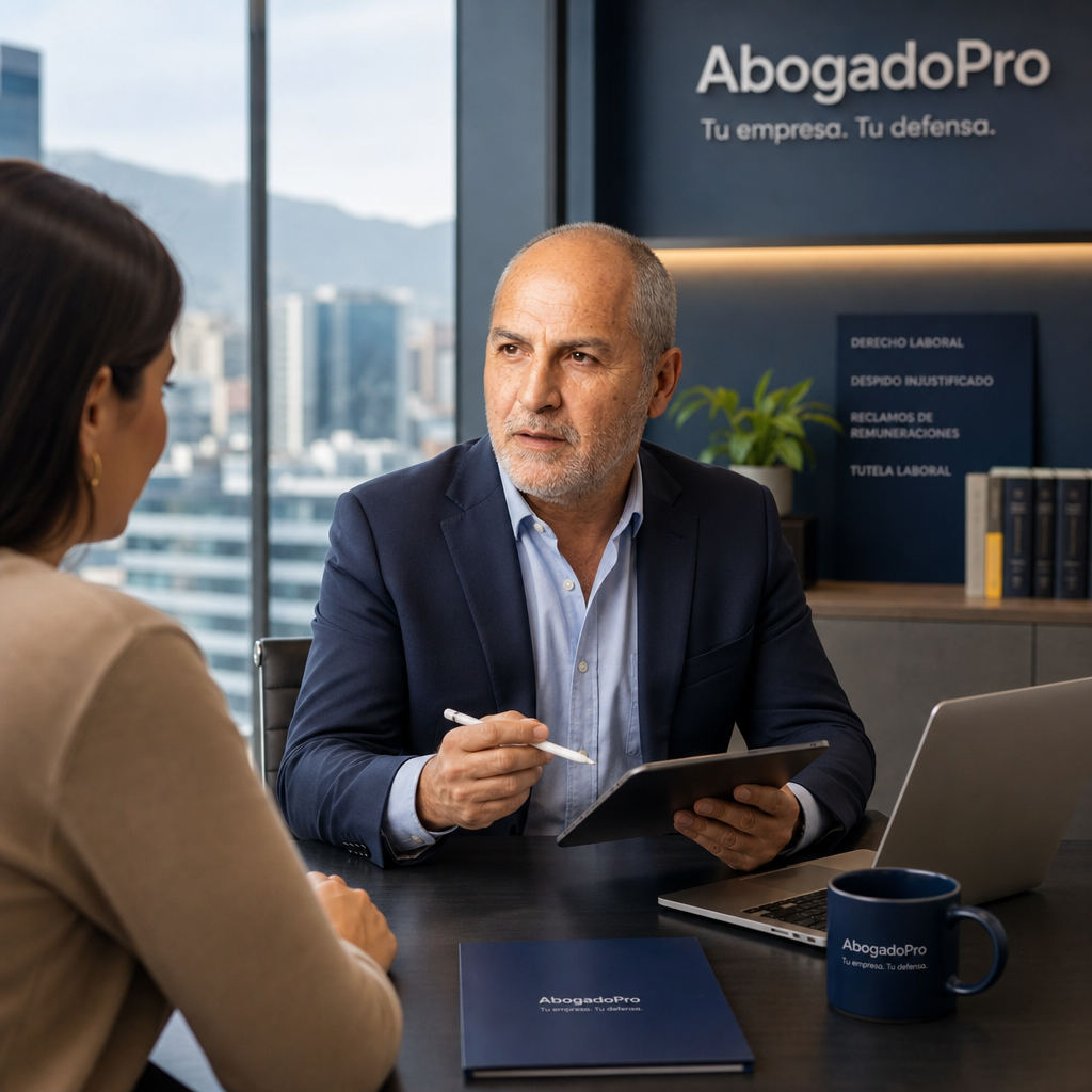 Imagen generada por IA — professional business meeting lawyer client modern office Santiago