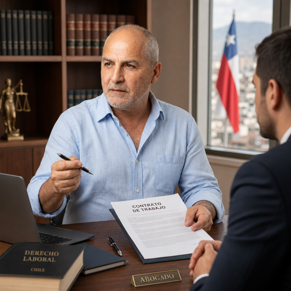 Abogado Laboral en Chile — auto-despido vs despido directo | Imagen generada por IA — lawyer office chile labor contract discussion