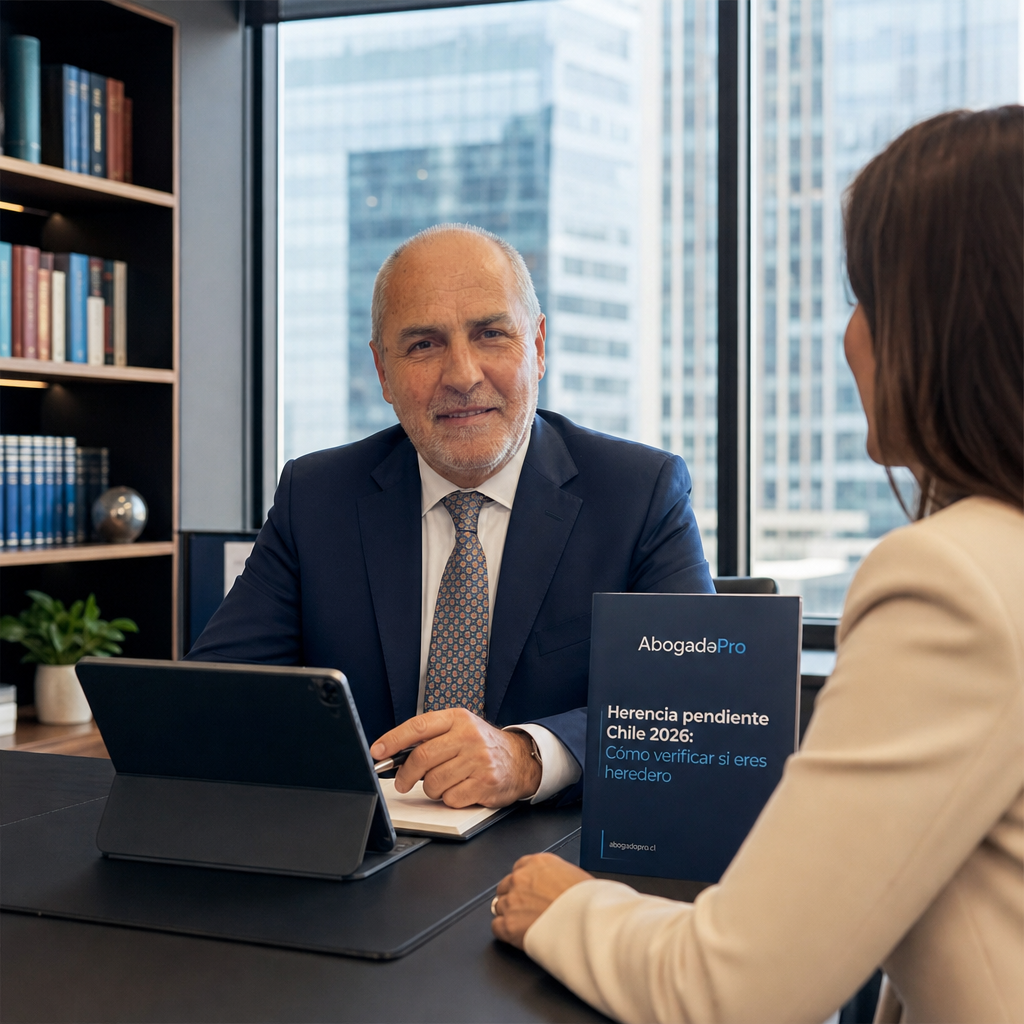 Imagen generada por IA — professional lawyer client consultation modern office Chile